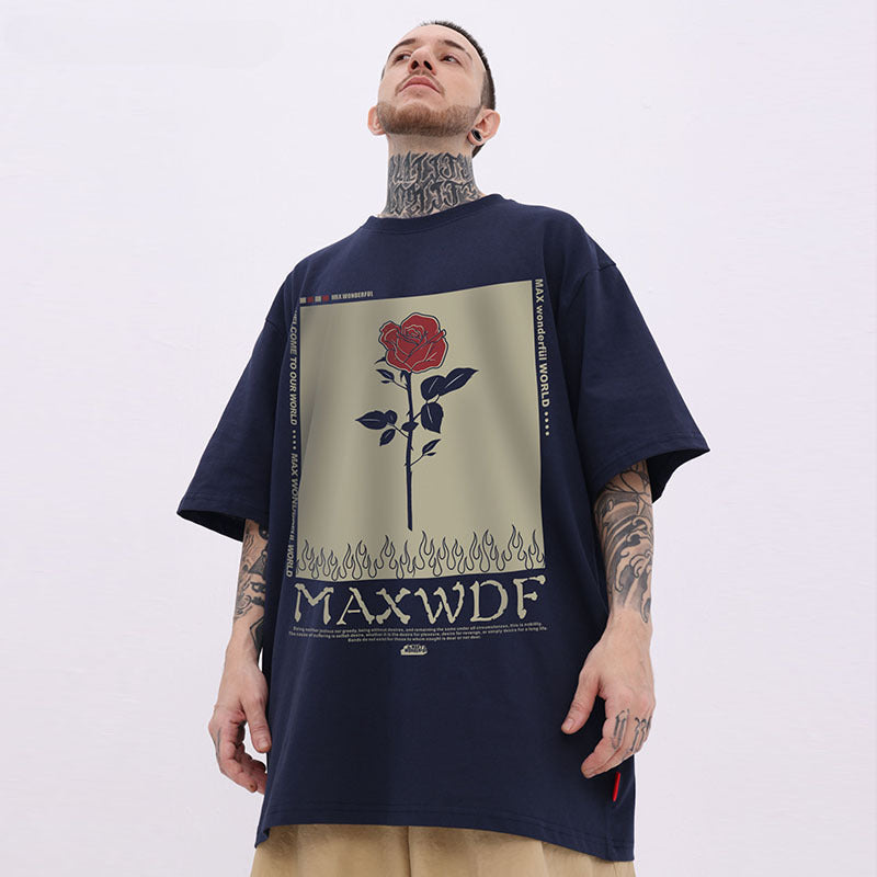 Men T-Shirt Rose Floral Print Oversize All-Match Loose