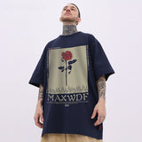 Men T-Shirt Rose Floral Print Oversize All-Match Loose