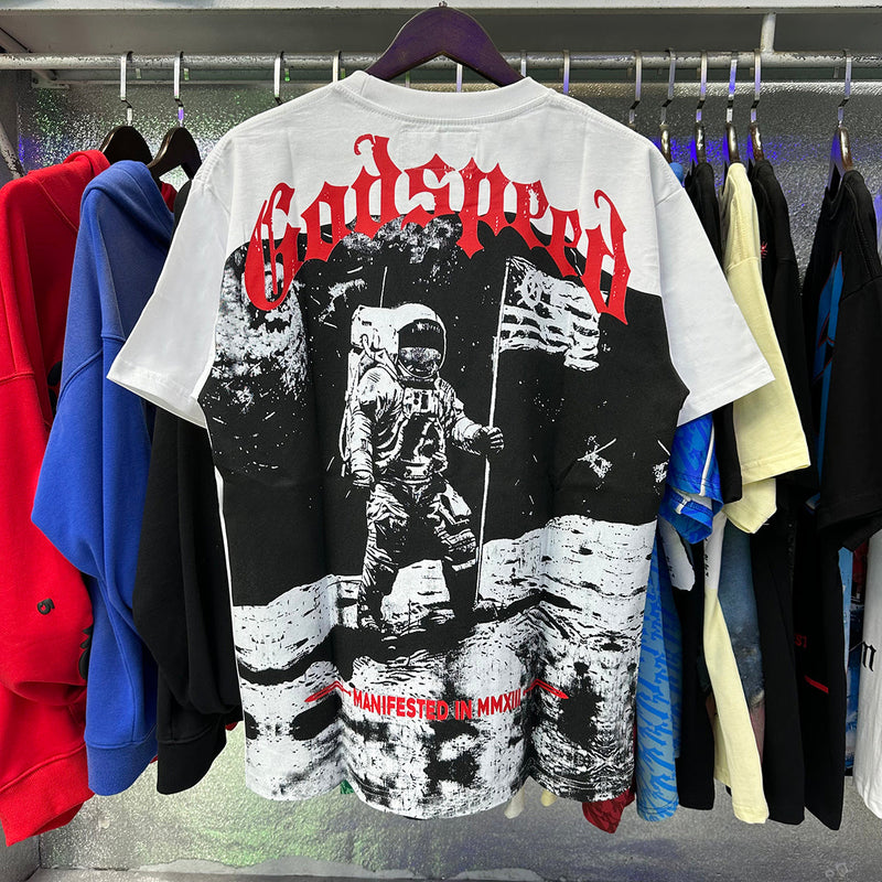 Godspeed T Shirts Astronaut Moon Landing Print Cotton Casual Short Sleeve Men and Women