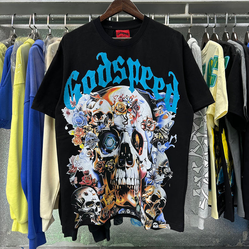 Godspeed t Shirts Skull Rose Printed Cotton Casual Short Sleeve Men and Women