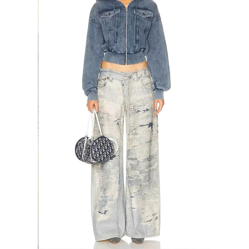 Unisex Pants Distressed Relaxed Wide-leg Jeans