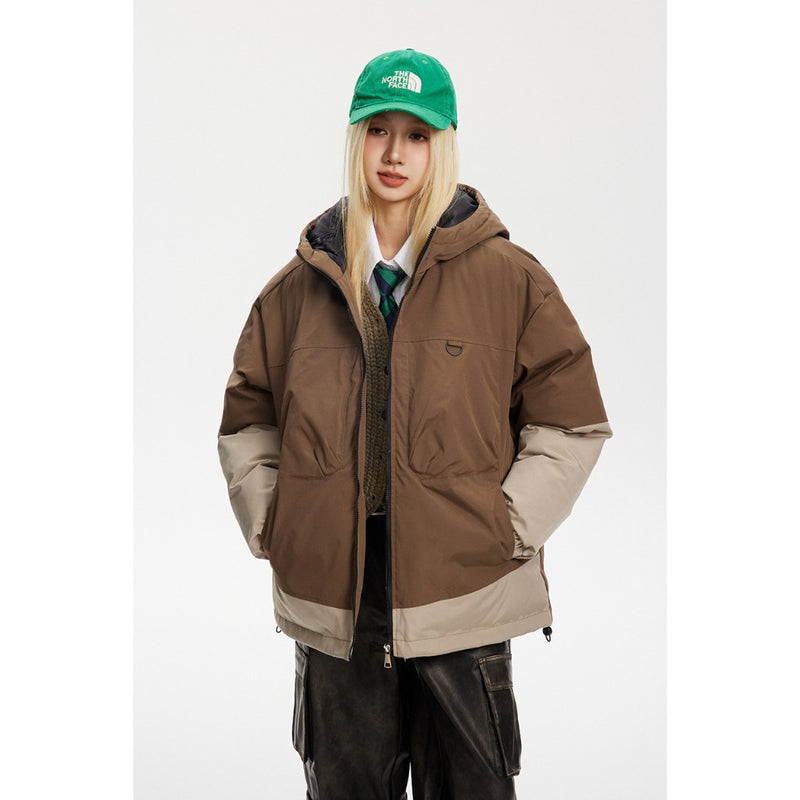 Unisex Coat Colorblock Hood All-Match Loose Couple Coat