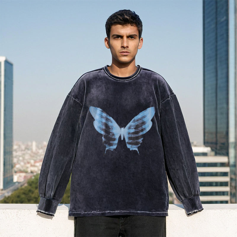Mens Vintage Long Sleeve Shirt T-Shirt Washing Water Old Men