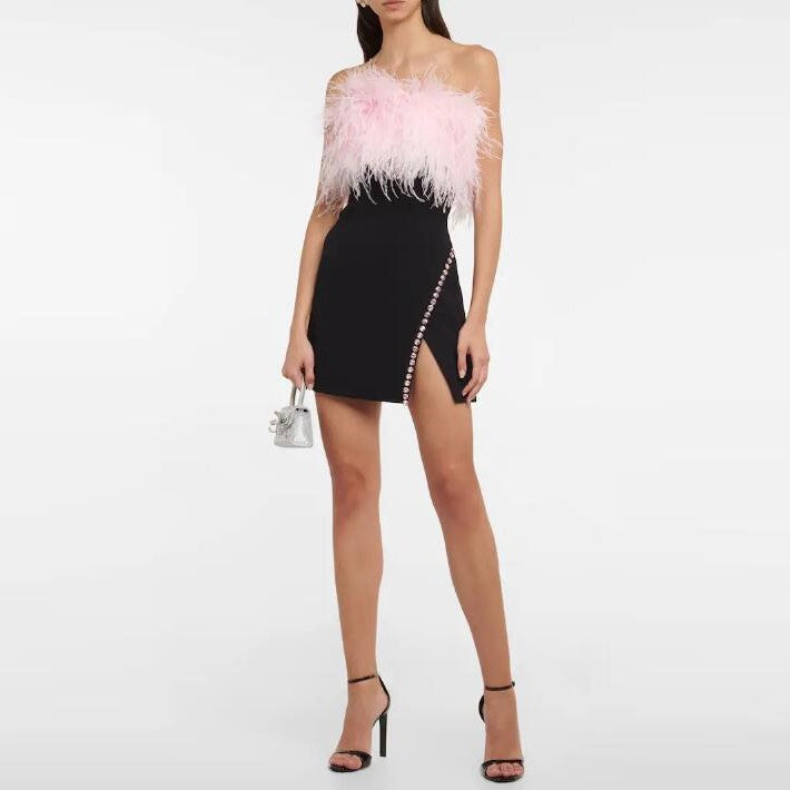 Women Dress Feather Drill Chain Formal Dress
