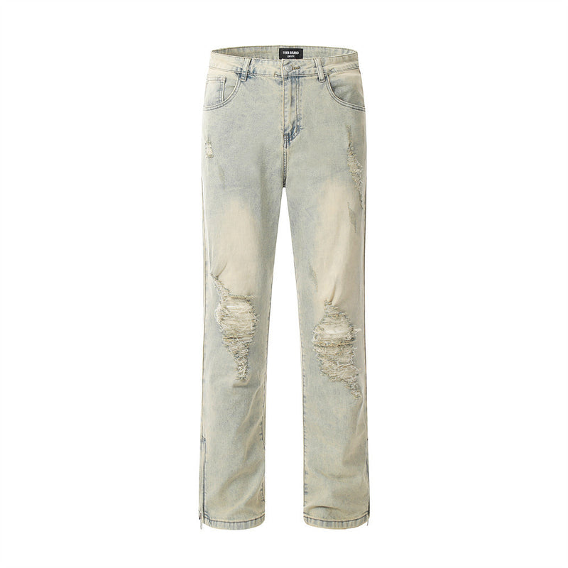 Men Jeans Loose Hole Zipper Split Distressed