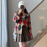 Women Knitted Cardigan Plaid Knitted Loose Vintage
