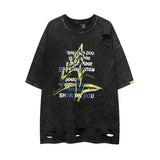 Men T-shirt Graffiti Printing Knife Ripped Loose Casual