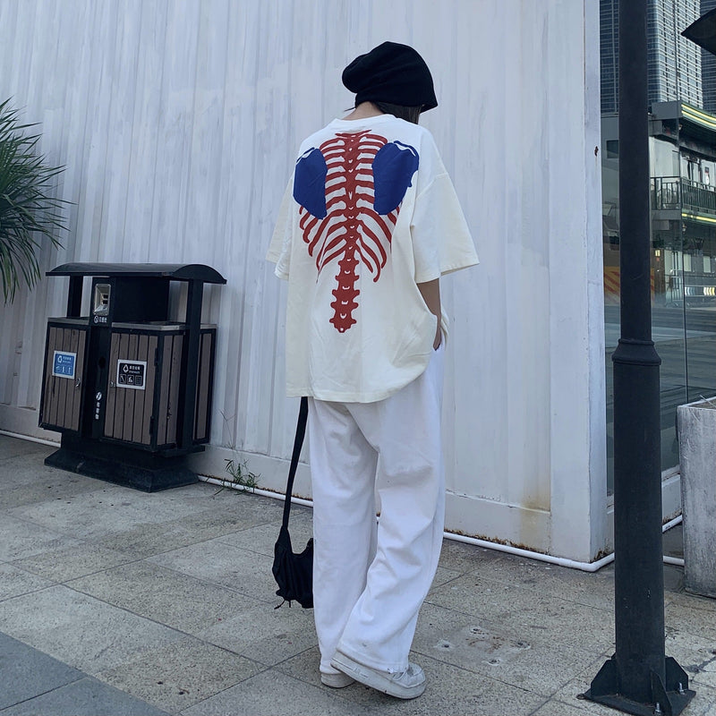 Kapital T Shirt Pingtian Hehong Back Skeleton Bone Print Men's and Women's Short Sleeve T-shirt Half Sleeve