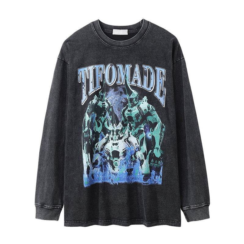 Men Long Sleeve T-Shirt Science Fiction Robot Printing Loose Distressed