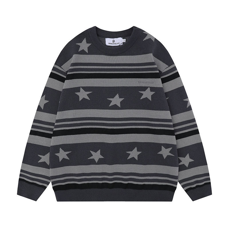 Women Sweater Vintage Contrast Color Knitted Top