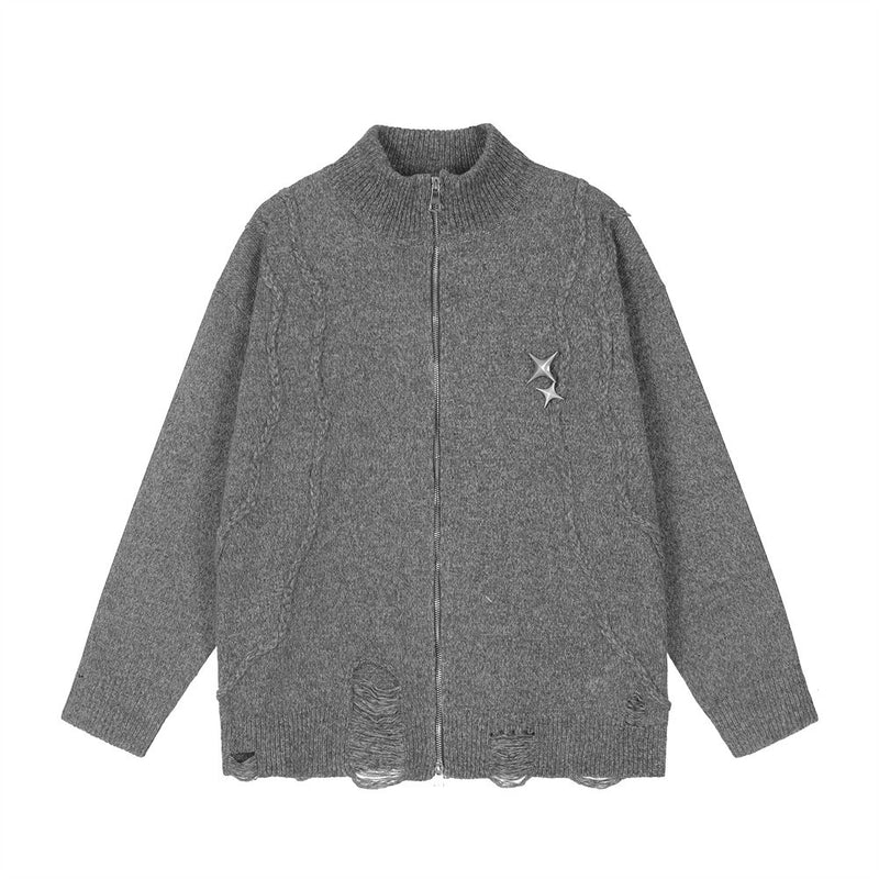 Men Sweater Stand Collar Cardigan Sweater Ripped