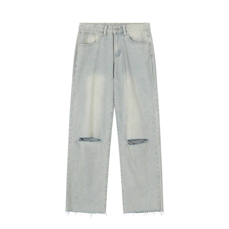 Men Jeans Hole Loose Burrs Casual Retro