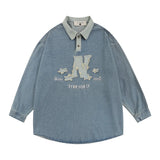 Men Long Sleeve T Shirt Spring and Autumn Long Sleeve Pullover Denim Top Men's Embroidery Letter Polo
