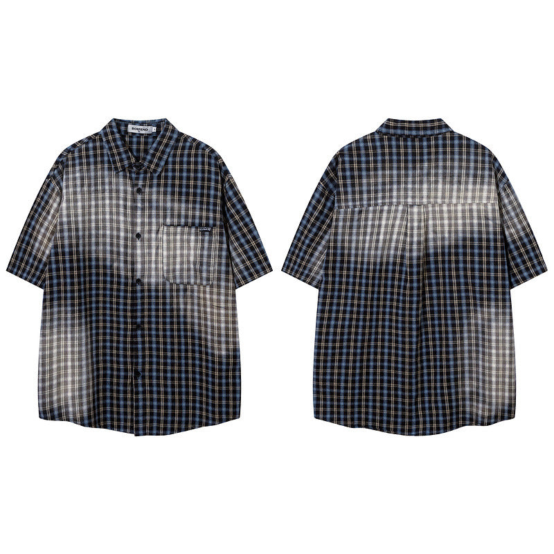 Short Sleeve Shirt Graffiti Plaid Shirt Idle Style