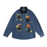 Men Long Sleeve T Shirt Vintage Cartoon Embroidered Denim Long Sleeve Shirt Men's Loose Lapels Shirt