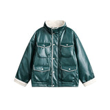 Unisex Coat PU Leather Cotton-Padded Coat Lamb Wool Thickening Stand Collar