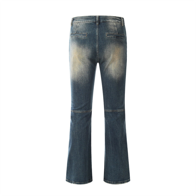 Men Jeans Bell-Bottom Pants Vintage Polished White Distressed Worn Indentation