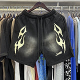Hellstar Shorts Sports Flame Shorts Flame Print Mud Print Old Wash Loose Shorts