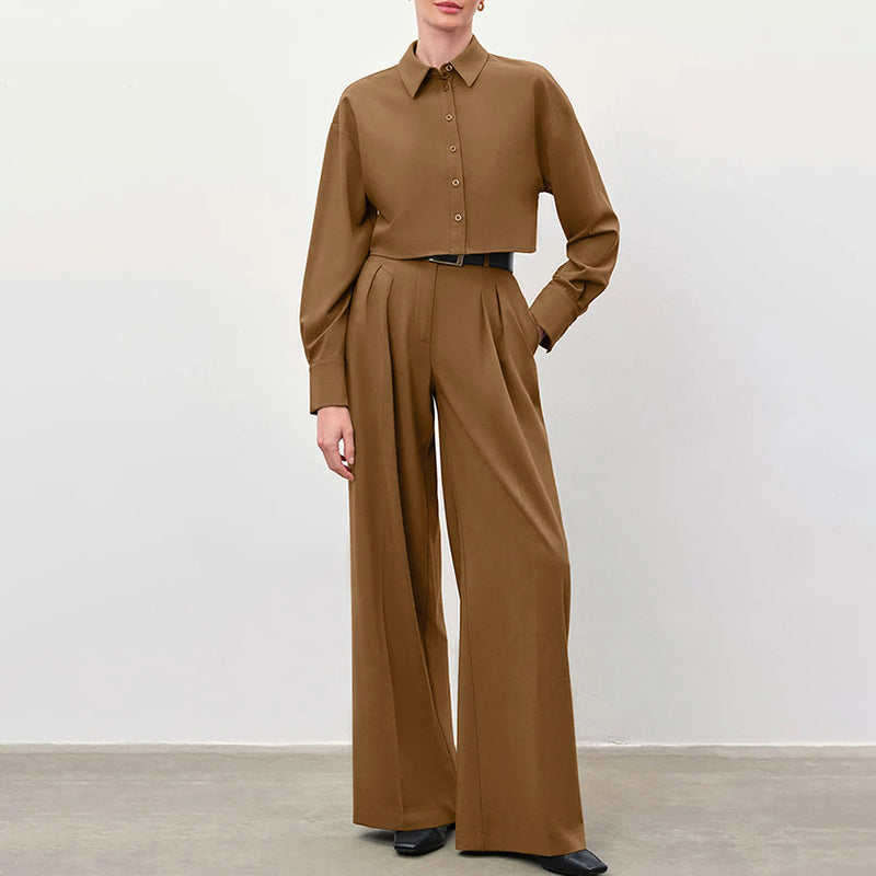Women Co-Ords Design Long Sleeve Shirt High Waist Wide Leg Pants