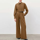 Women Co-Ords Design Long Sleeve Shirt High Waist Wide Leg Pants