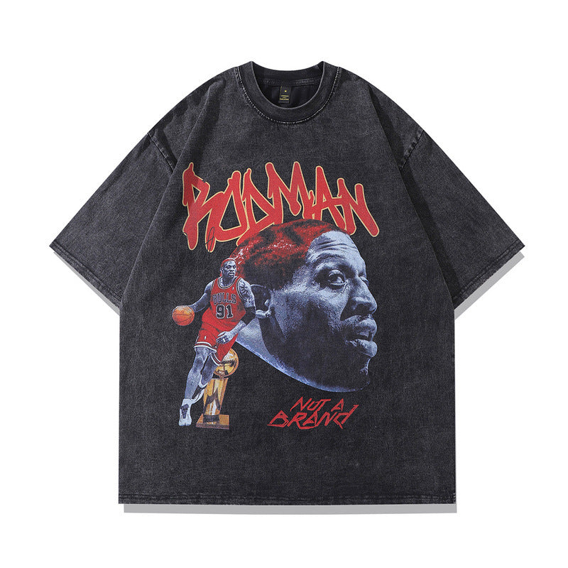 Men T-Shirt Vintage Rodman Print Oversize Distressed Loose