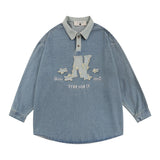 Men Long Sleeve T Shirt Spring and Autumn Long Sleeve Pullover Denim Top Men's Embroidery Letter Polo