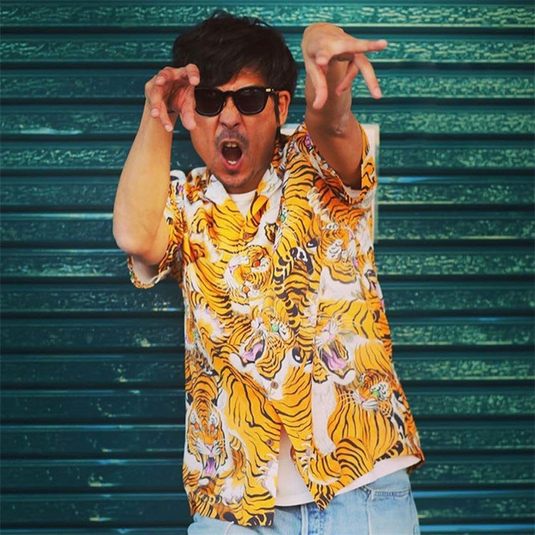 GUILTYPARTIES TIGER Shirts Tiger print casual short-sleeved shirt