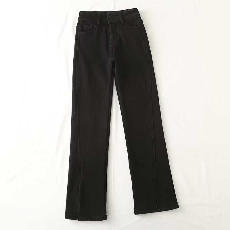 Women Jeans Fleece-lined Slit Loose