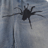 Men Shorts Spider Hand-Painted Denim Shorts Loose Casual Distressed