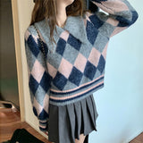 Women Pullover Sweater Pullover Cropped Sweater Rhombus