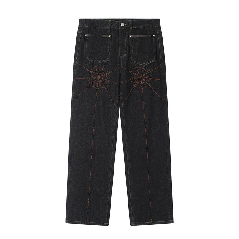 Men Jeans Embroidery Spider Web Hip-Hop Fashion