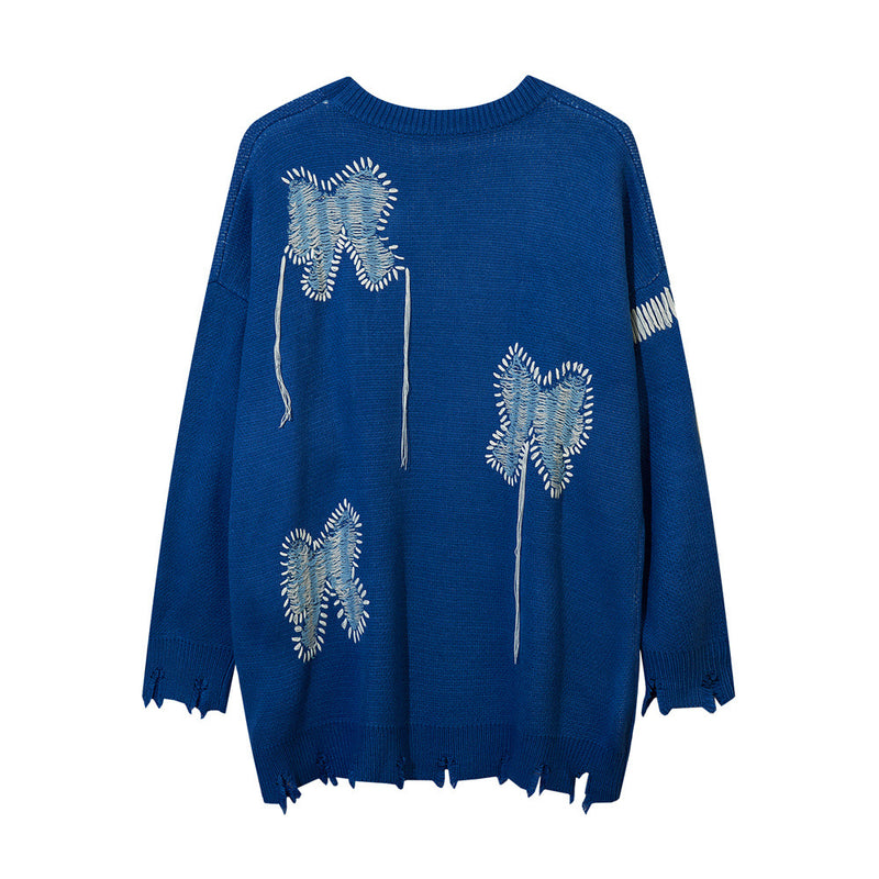 Men Sweater Butterfly Jacquard Crocheted round Neck Sweater