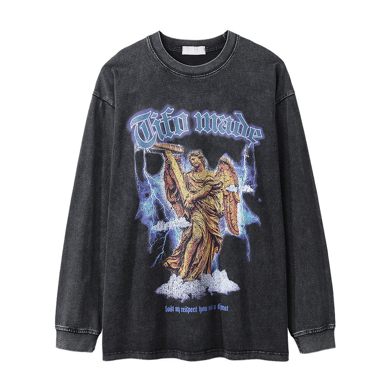 Men Long Sleeve T-Shirt Angel Statue Printed Distressed