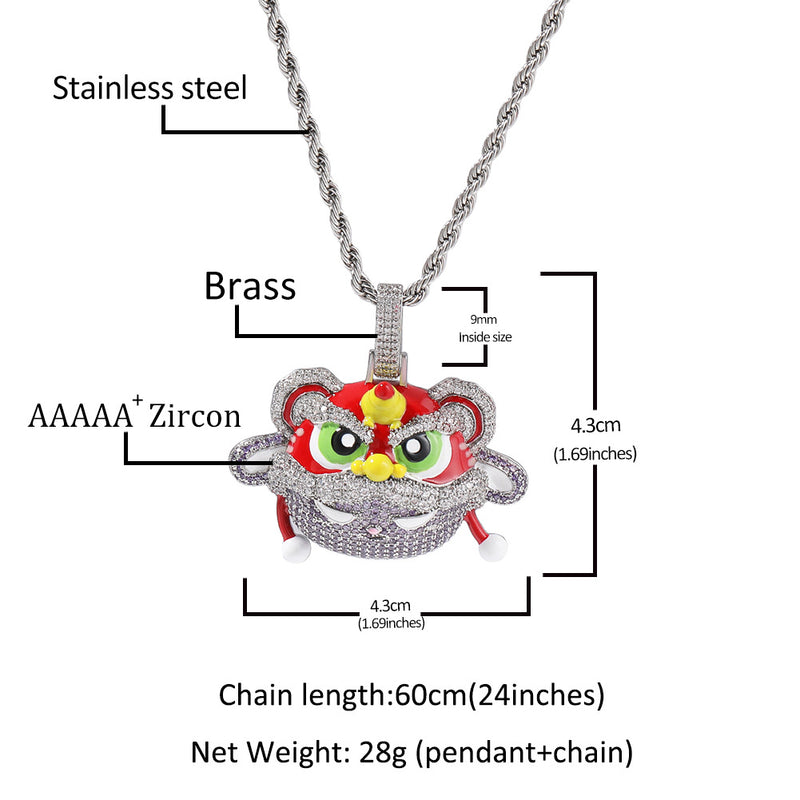 Jewelry Chinese Style Lion Dance Pendant Necklace Personality Diamond Hip Hop Style Lion dance Spectrum Far East