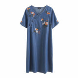 Women Dresses Flower Embroidery Denim Dress