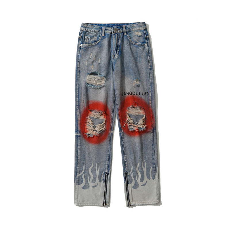 Men Jeans Spray Paint Ripped Trendy Hip Hop Popular
