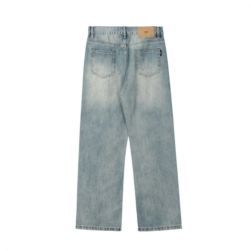 Men Jeans Brushed White Crumpled Retro Loose