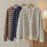 Women Pullover Sweater Preppy Style Striped Hooded Sweater