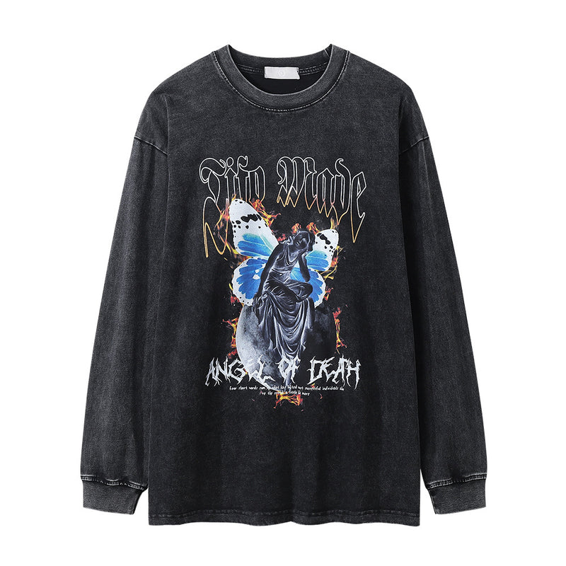Men Long Sleeve T-shirt Angel Print Loose Distressed