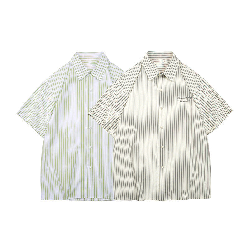 Unisex Shirt Embroidered Casual Loose Striped Cotton