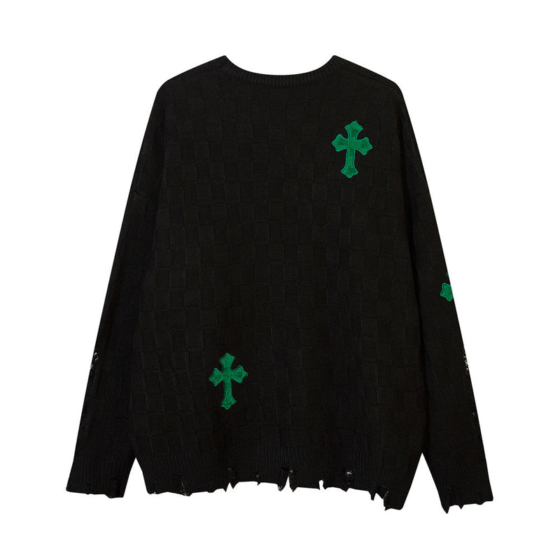 Men Sweater Cross Embroidered Ripped Plaid Jacquard Knitted Sweater