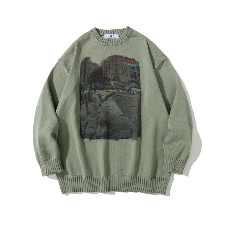 Men Sweater Character Printed Knitwear Loose round Neck Sweater