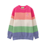 Women Sweater Retro College Style Striped Color Block Knitted Sweater