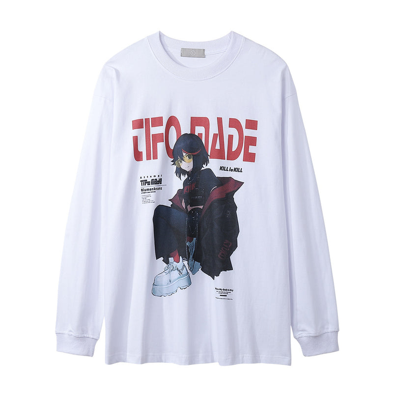 Men Long Sleeve T-shirt Two-Dimensional Animation Printed Loose round Neck