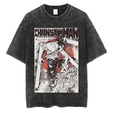 Anime Chainsaw Men Washed Tshirt Retro Hip Hop Streetwear