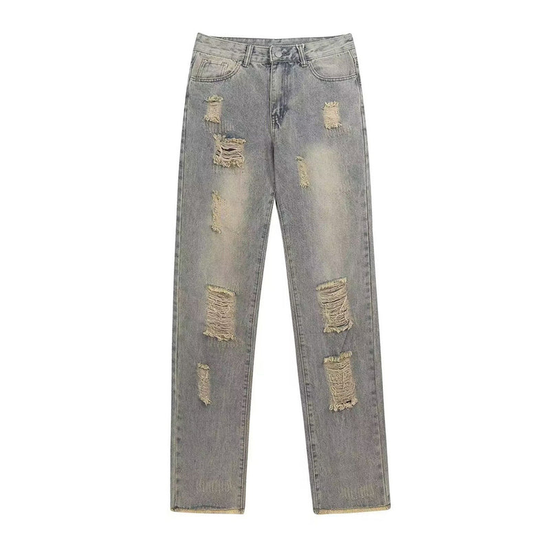 Men Jeans Ripped Leisure Loose Raw Hem Slim Fit