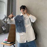 Men Shirts Retro Loose Stitching Long Sleeve Denim Coat