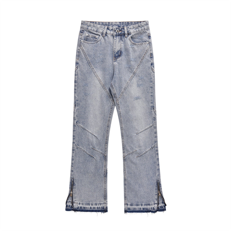 Men Jeans Stitching Punk Zipper Slit Loose Burrs