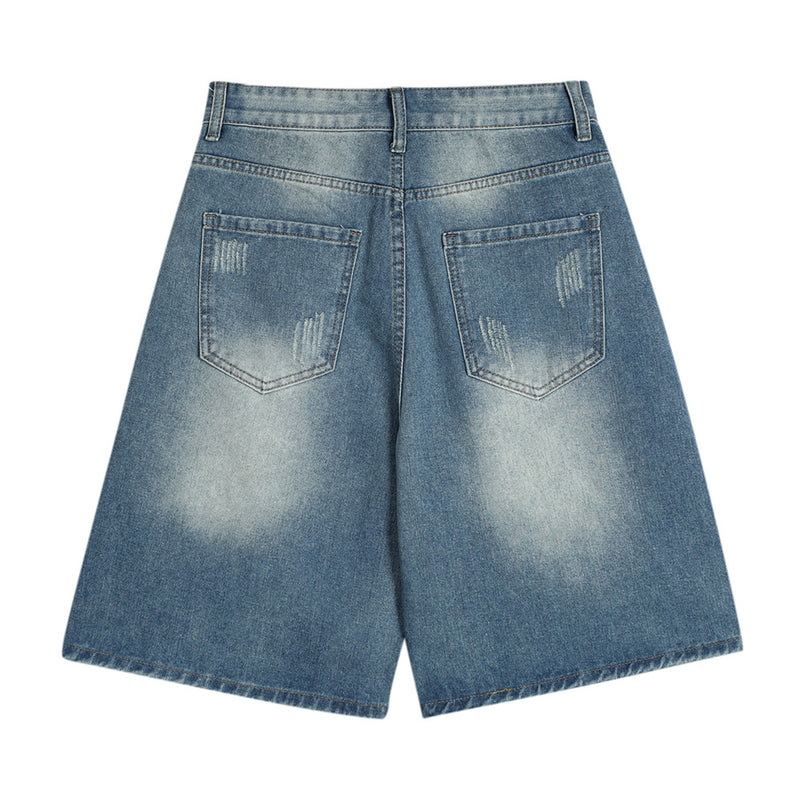 Men Shorts Ripped Denim Retro Worn Loose
