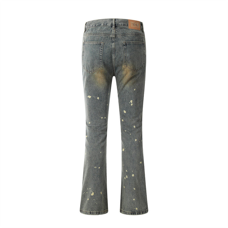 Men Jeans Bell-Bottom Pants Splash Ink Hole Distressed
